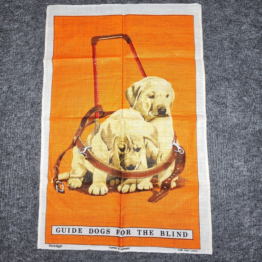 Dunmoy Vintage Pure Irish Linen Tea Towel Wall Art Puppies in Harness Guide Dog